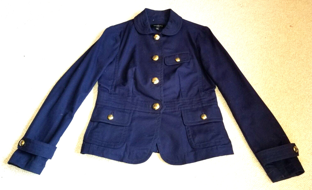 Womens Jacket-TALBOTS-navy blue cotton stretch utility gold buttons-2P